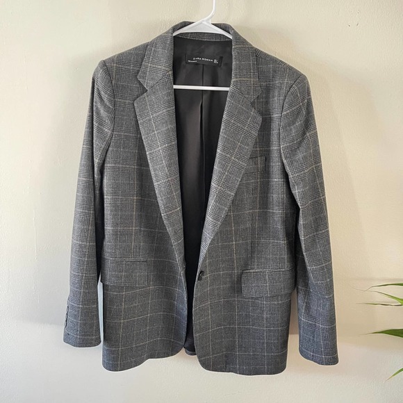 Zara Glen Plaid Double Button Black Grey Womens Blazer Size Large - Picture 2 of 8